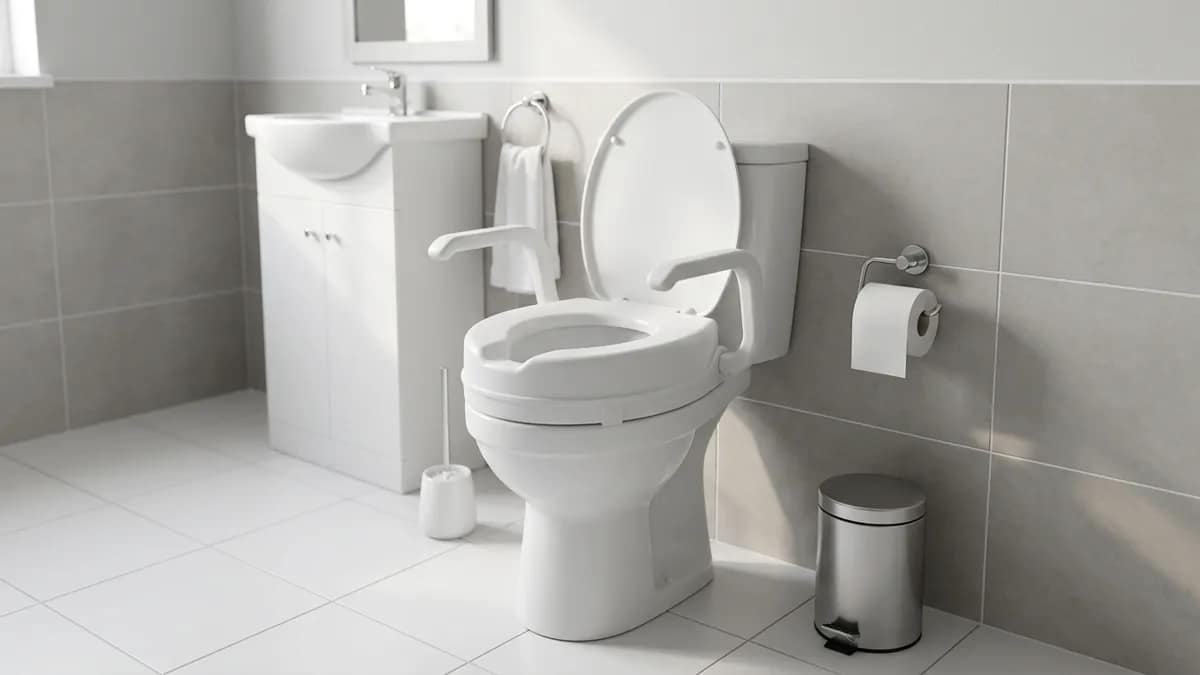 raised toilet seat with armrests installed on a toilet in a clean accessible bathroom showing a practical everyday use scenario