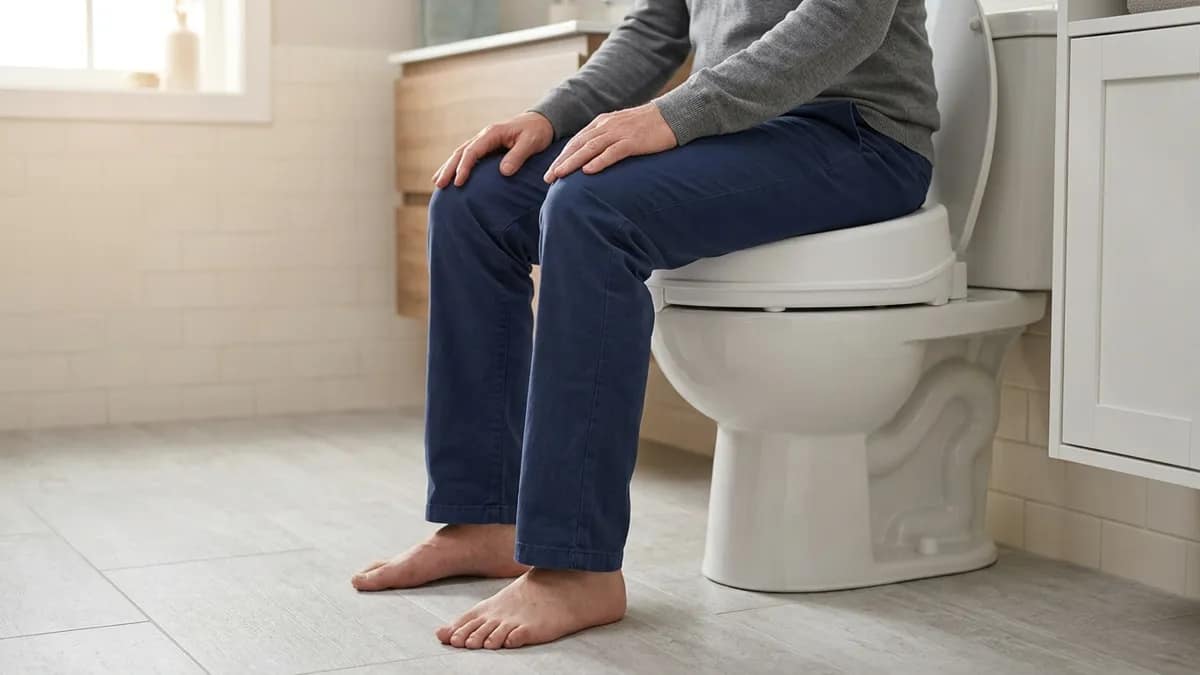 person sitting on a raised toilet seat with feet flat on the floor and knees at a natural angle showing proper height and comfortable sitting position