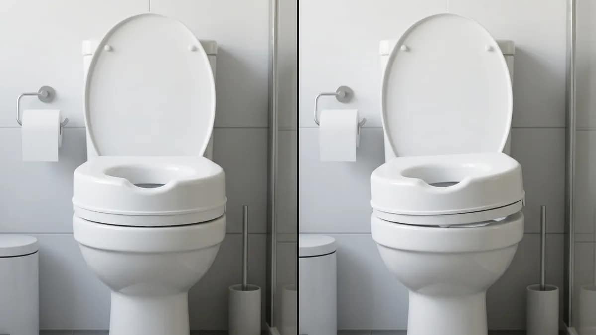 Side by side comparison showing a properly installed raised toilet seat sitting flat on a toilet versus an incorrectly installed seat with a visible gap and slight tilt