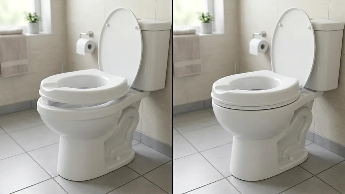 how to choose a raised toilet seat showing correct and incorrect fit on toilet