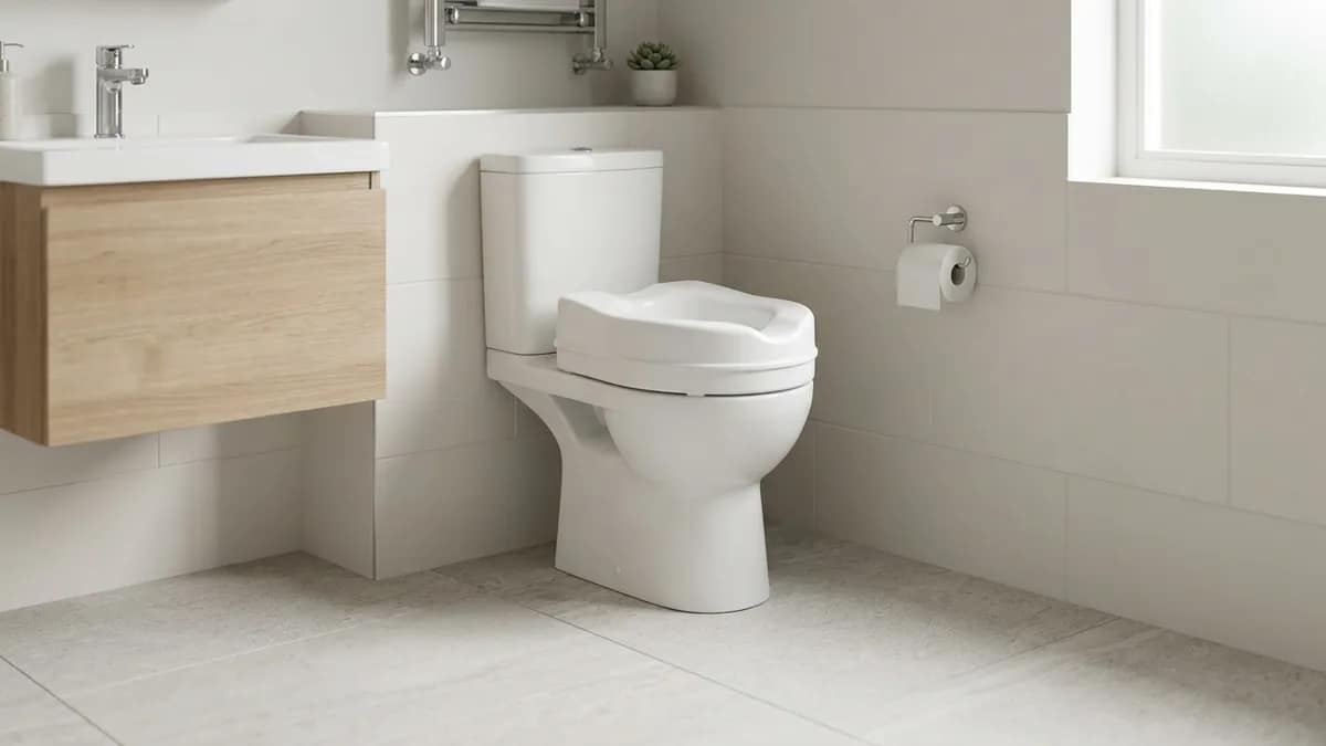 raised toilet seat installed on a toilet showing increased seating height and legroom to illustrate improved comfort and ease of movement