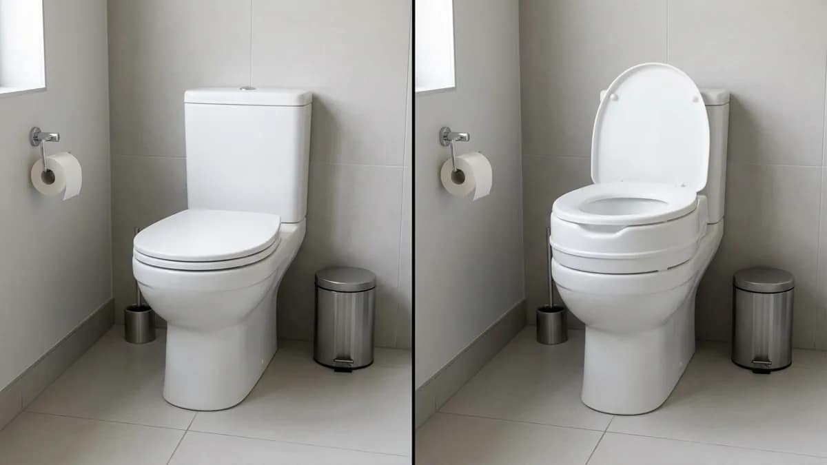 Side by side comparison showing what height raised toilet seat do I need by displaying a standard toilet and the same toilet with a raised seat to illustrate the height difference