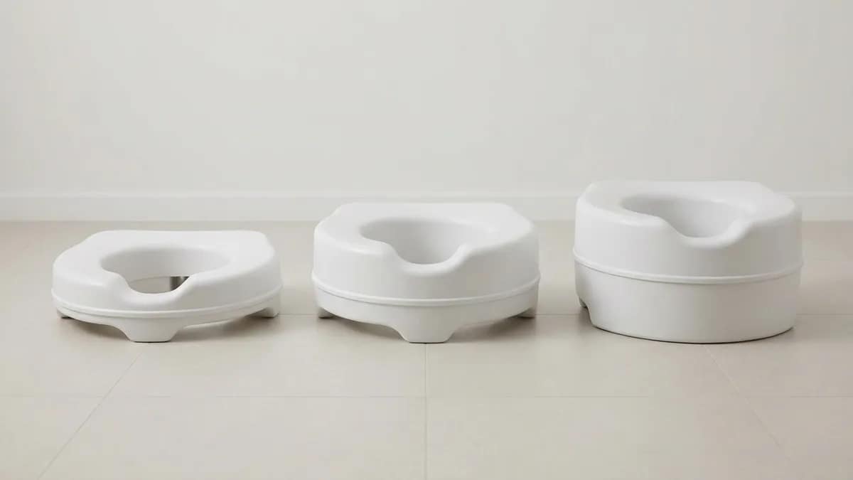 different raised toilet seat height options shown side by side from low to high to illustrate typical height differences