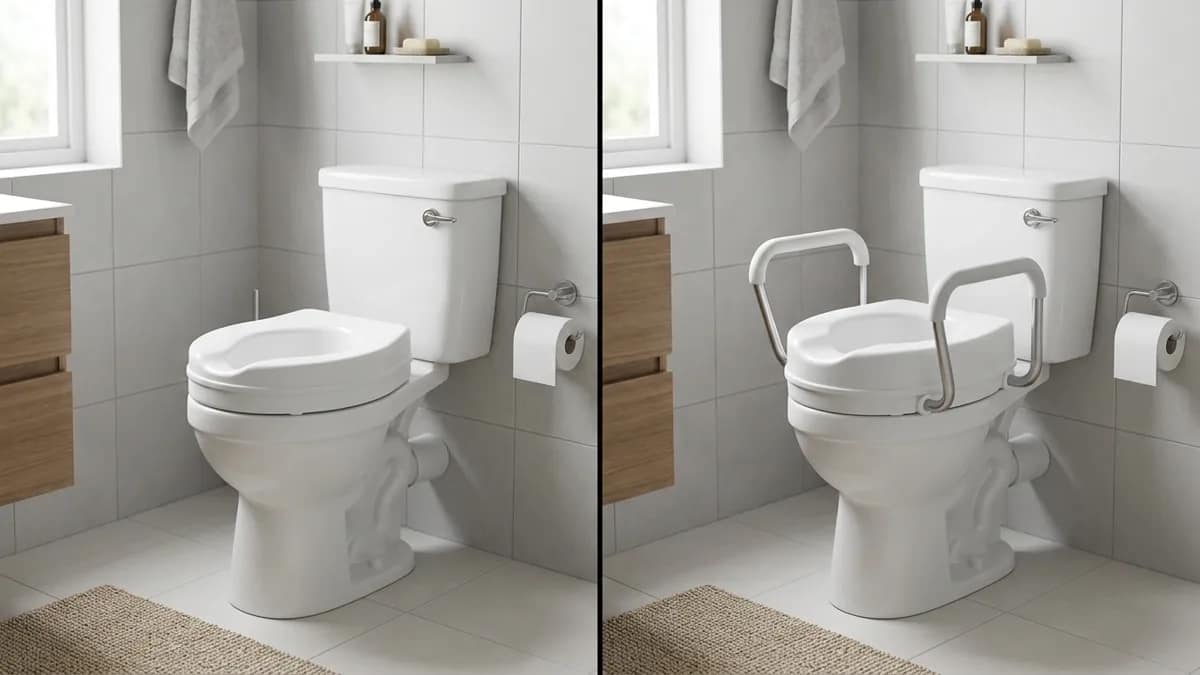how to choose a raised toilet seat showing basic seat vs seat with handles for mobility support