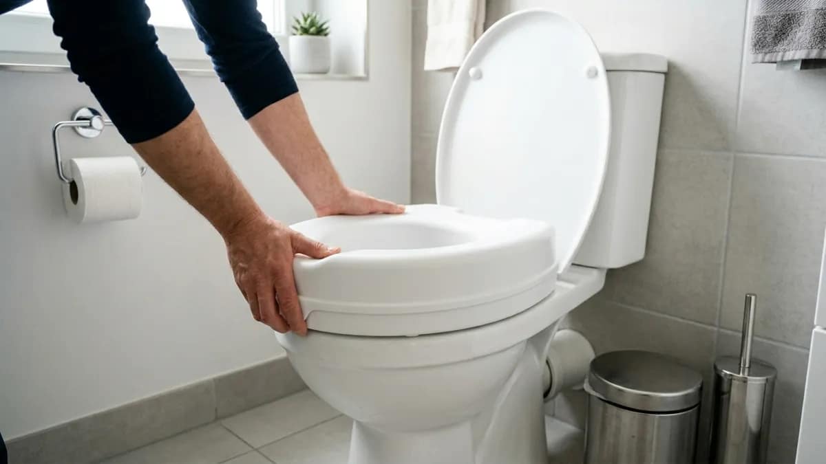 Hands applying gentle side pressure to a raised toilet seat to check stability after installation, ensuring it does not shift or move