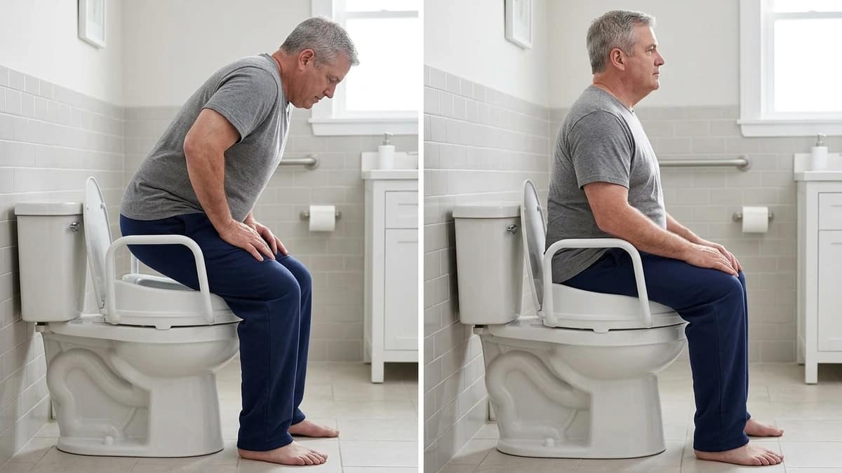 side-by-side view of a man sitting upright and leaning forward on a raised toilet seat showing stable support