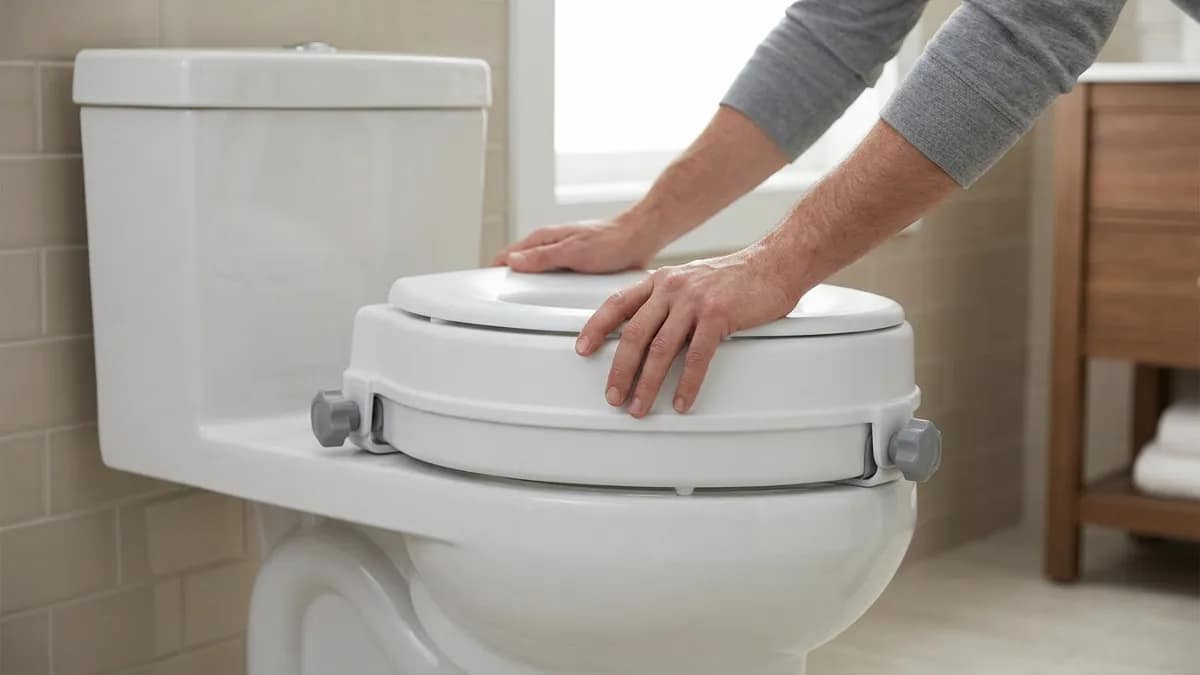 how tight should a raised toilet seat be showing hands pressing on a stable properly secured raised toilet seat