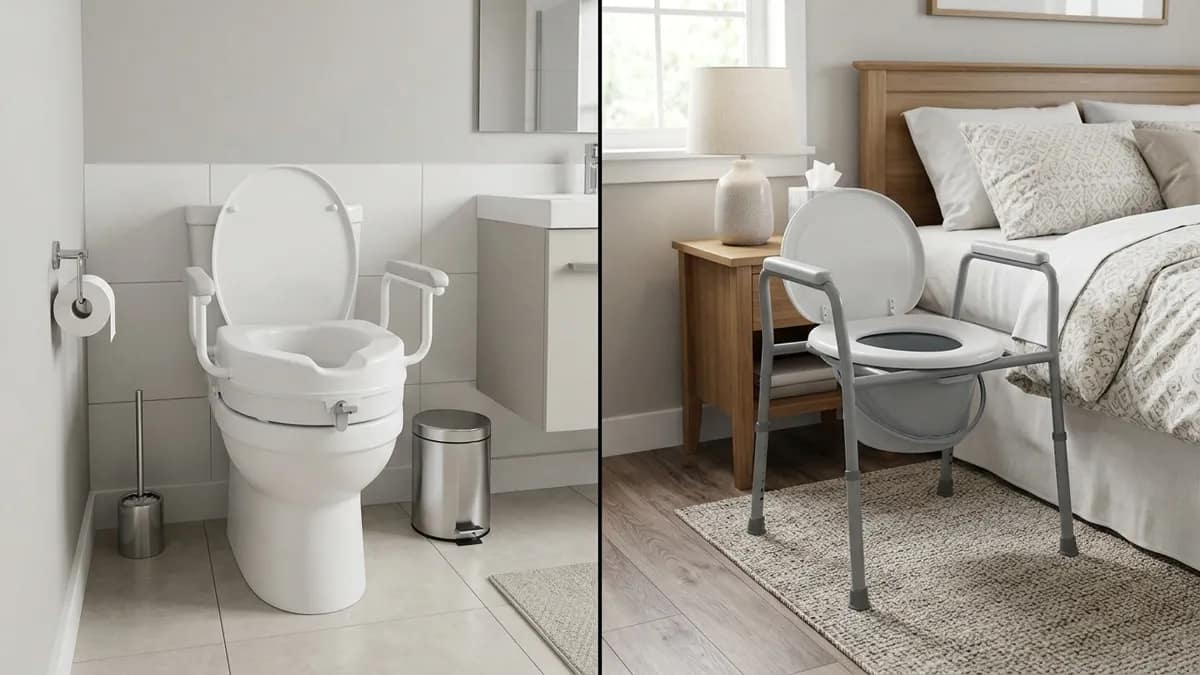 raised toilet seat vs bedside commode comparison showing a bathroom setup with a raised toilet seat on one side and a bedside commode next to a bed on the other side