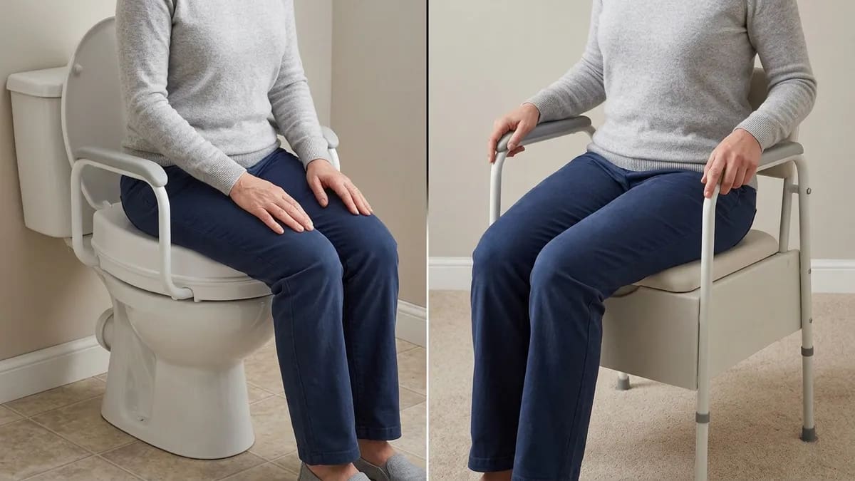 raised toilet seat vs bedside commode comparison showing a person seated with minimal support on a raised toilet seat and holding armrests on a bedside commode for stability