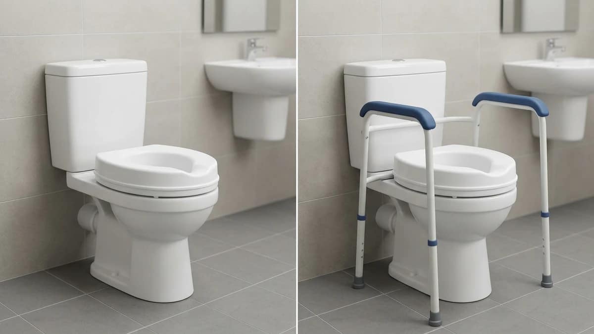 comparison of a raised toilet seat alone versus a raised toilet seat with a support frame