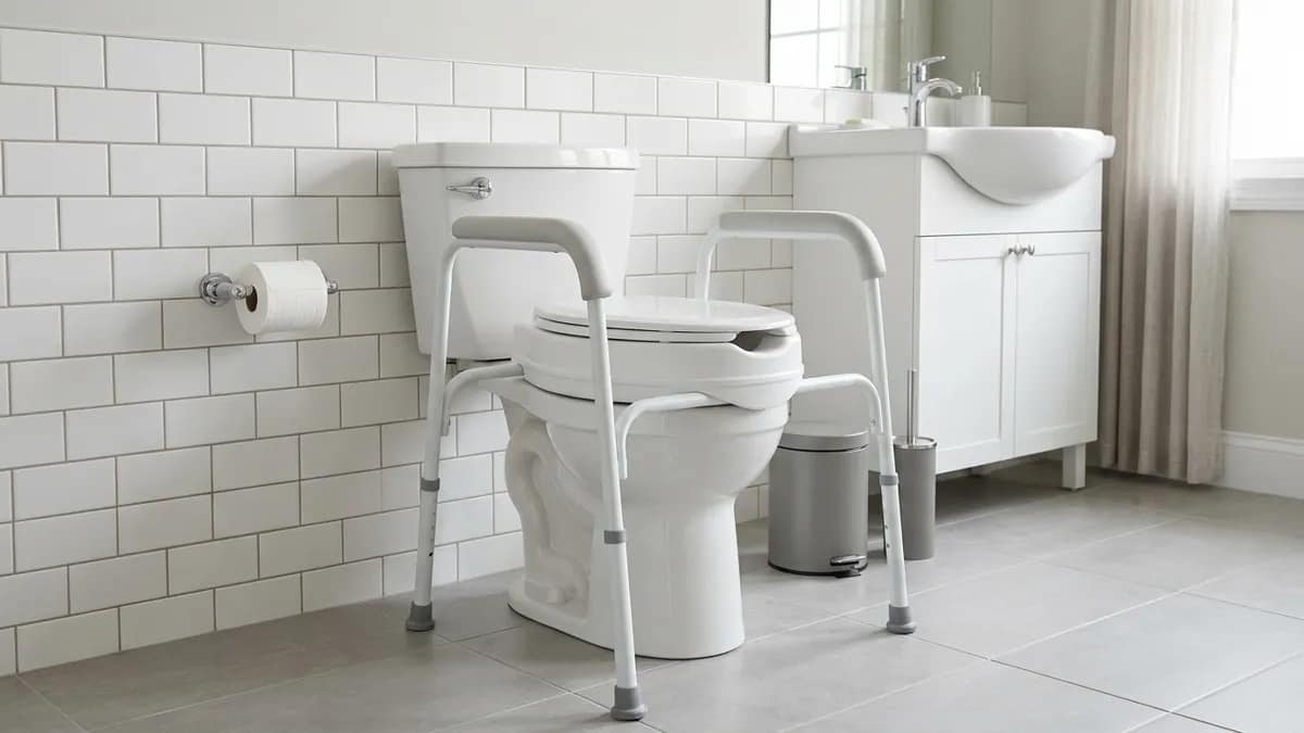 raised toilet seat used together with a safety frame showing additional support for seniors who need more stability when sitting and standing