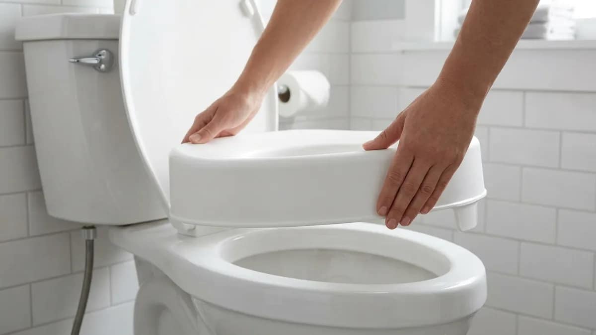 hands lifting a tool free raised toilet seat evenly from both sides showing correct removal technique without twisting