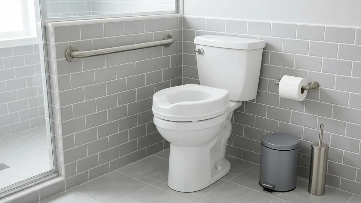 properly installed raised toilet seat with a wall mounted grab bar showing a safe and stable bathroom setup for improved support and safety