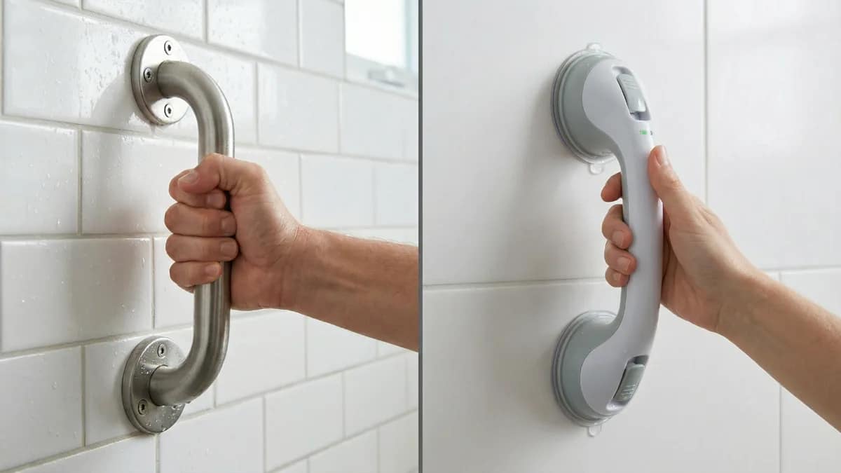 firm grip on permanent grab bar vs gentle hold on suction grab bar in a shower