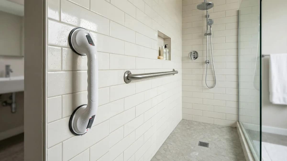 vertical suction grab bar at shower entry and horizontal stainless steel grab bar inside a walk-in shower
