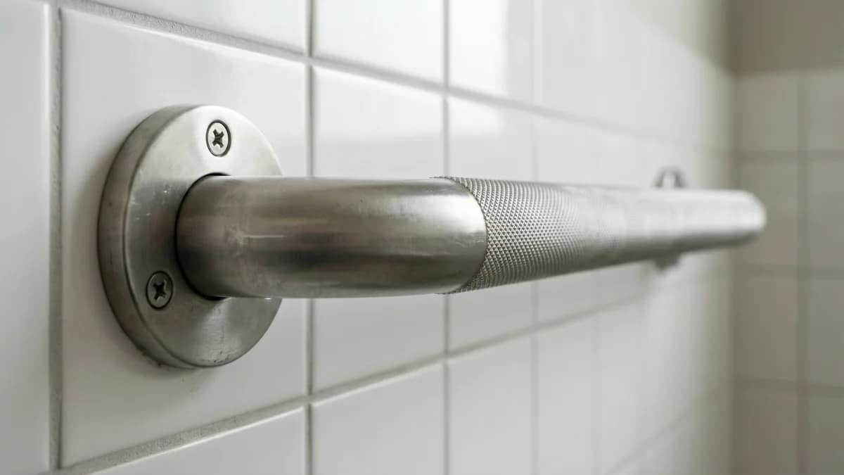 close up of thick heavy duty grab bar with textured grip installed on tiled wall