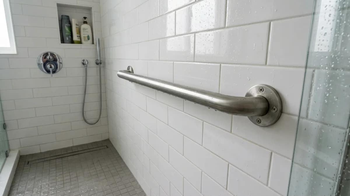 heavy duty grab bar installed horizontally in a tiled shower for support