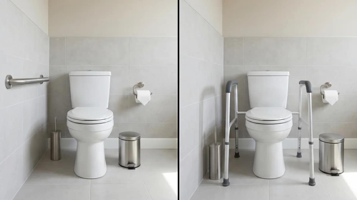 toilet grab bars vs toilet safety frames comparison in a bathroom setting