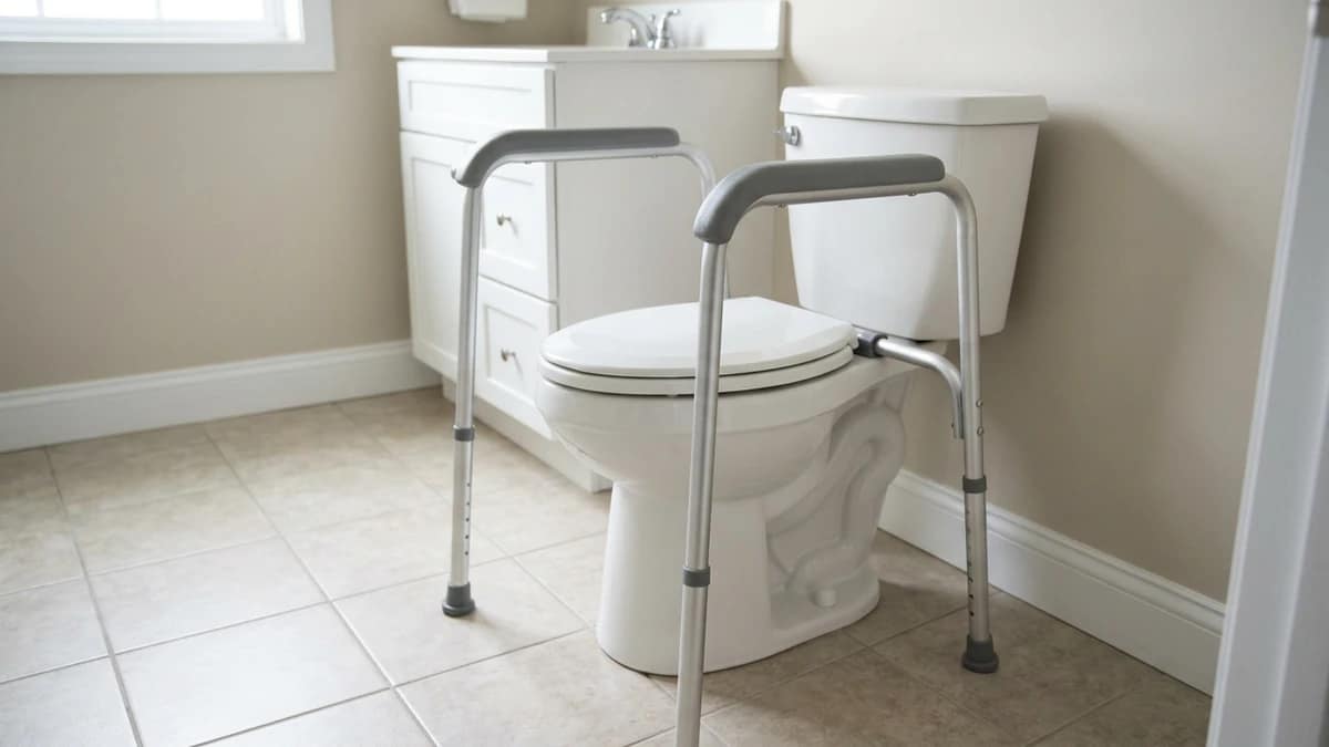 freestanding toilet safety frame with padded handles and open front design around a toilet