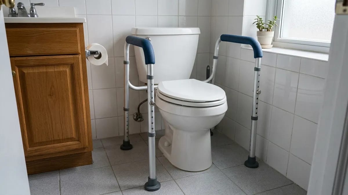toilet safety frame showing height adjustment holes and proper fit around toilet in small bathroom