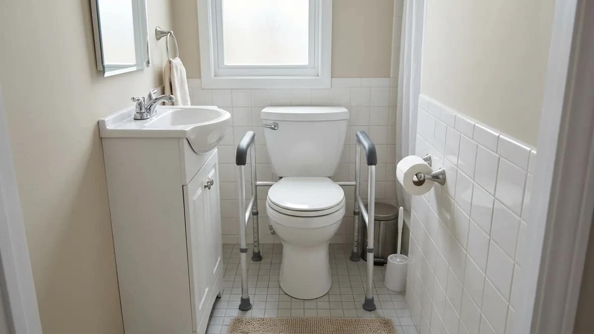 toilet safety frames for small bathrooms shown installed around a toilet in a tight compact bathroom space next to a sink and wall