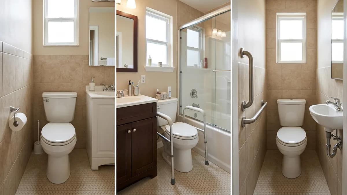 toilet safety frames for small bathrooms scenarios showing toilet against wall narrow layout and grab bar alternative setup