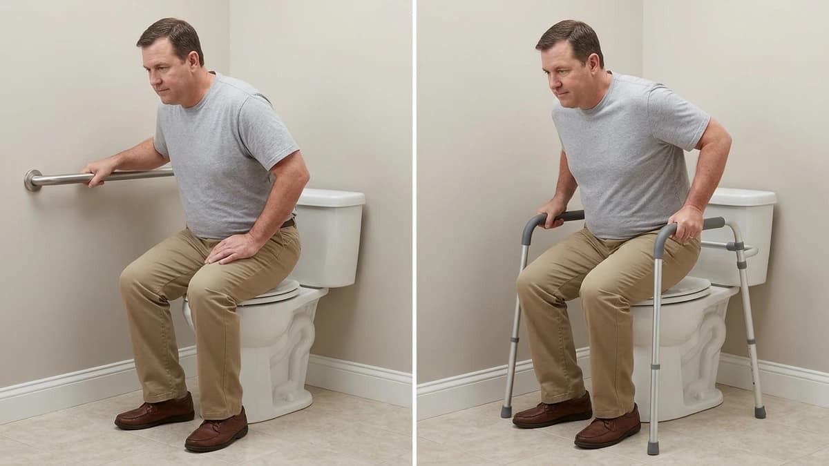 comparison of one-sided grab bar support versus two-sided toilet safety frame support during sitting motion