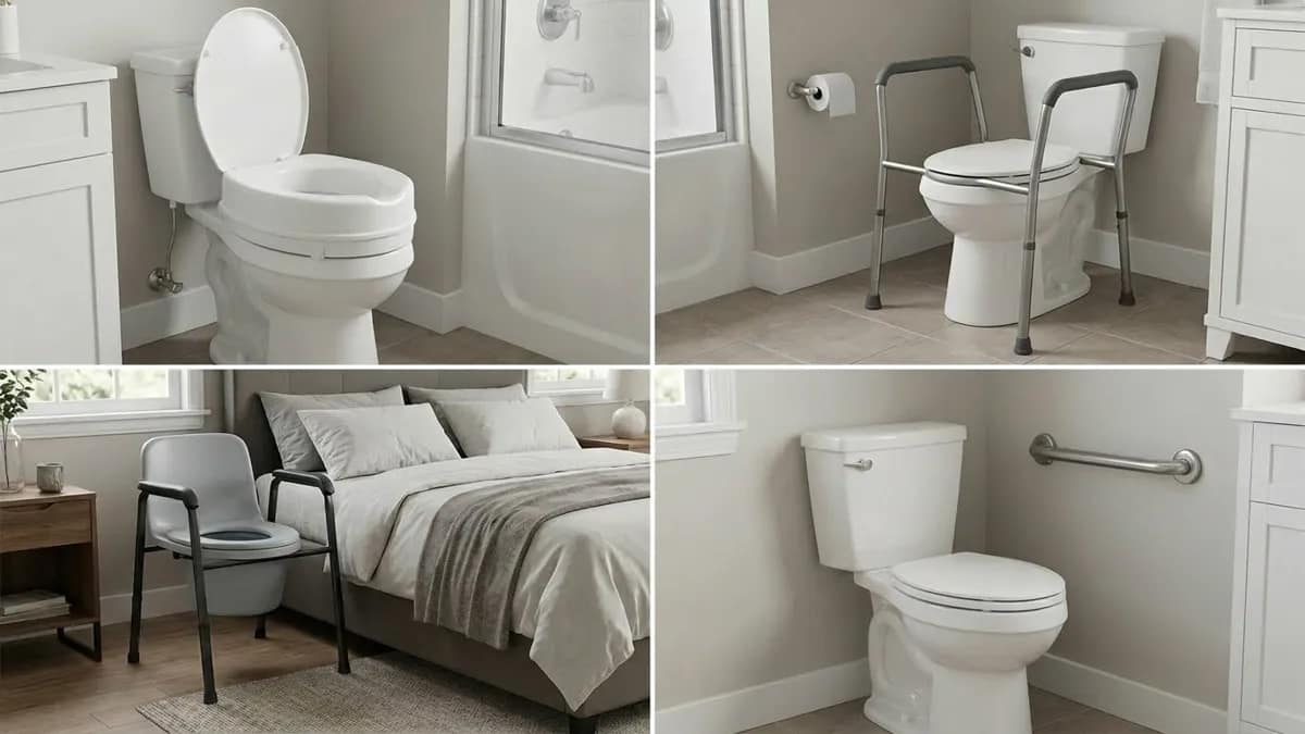 how to choose a raised toilet seat showing raised toilet seat, toilet safety frame, bedside commode and grab bar options