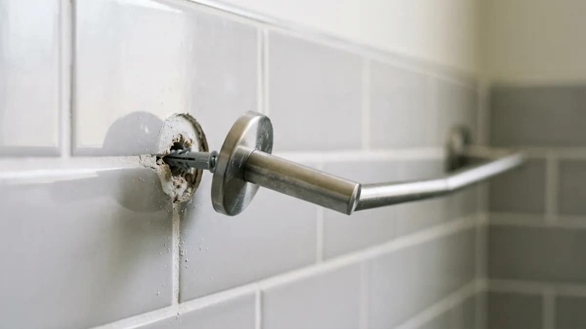 towel bar pulling out of wall close up showing anchor failure and loose mounting