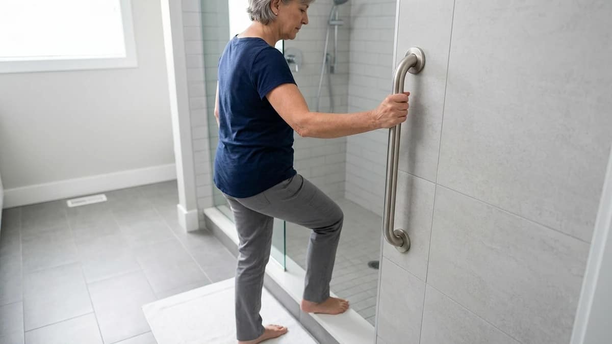 person stepping into a shower while holding a vertical grab bar for support