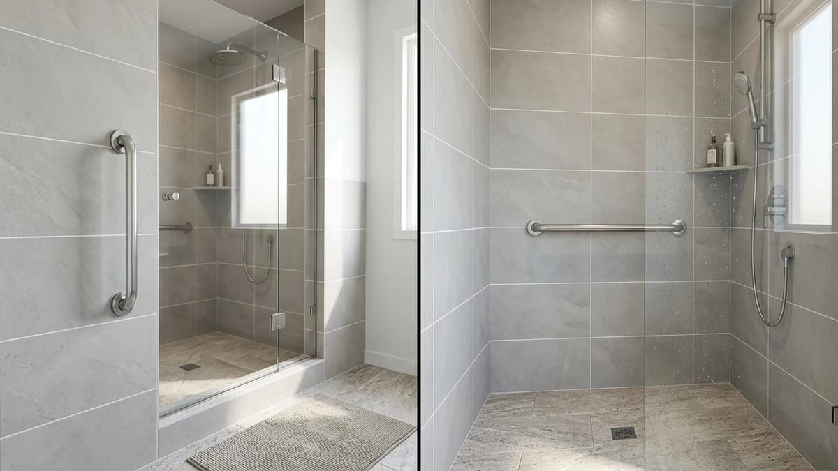 vertical vs horizontal grab bars in shower showing entry support and balance support