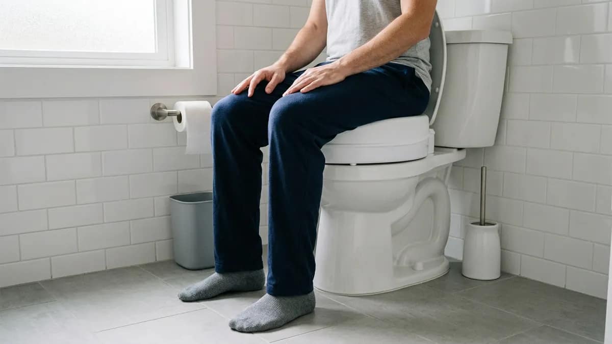 Person sitting comfortably on a higher raised toilet seat with feet flat on the floor and knees slightly below hip level showing proper ergonomic height