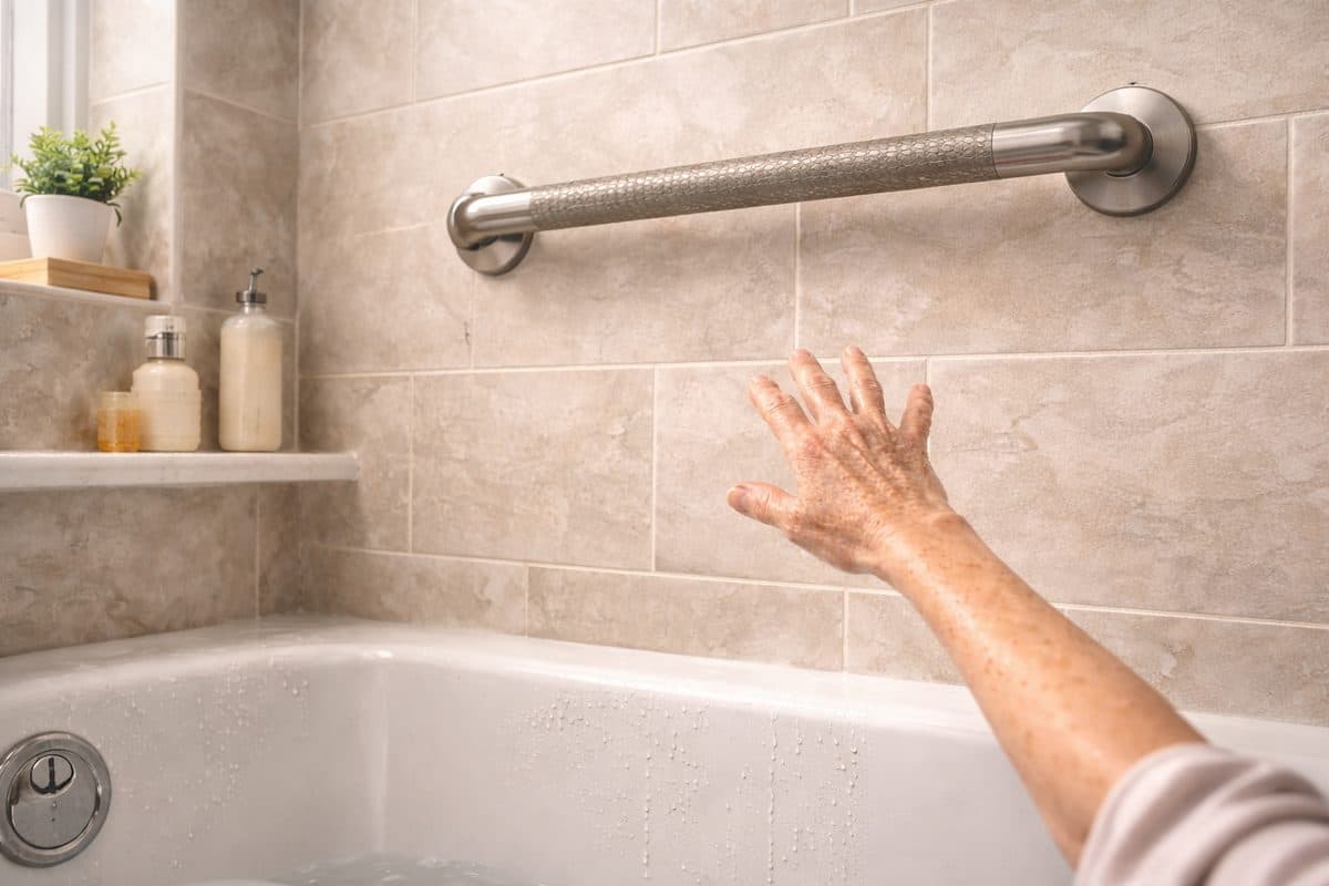 Grab bar installed too high above bathtub as elderly person struggles to reach it, showing improper grab bar placement and reduced bathroom safety