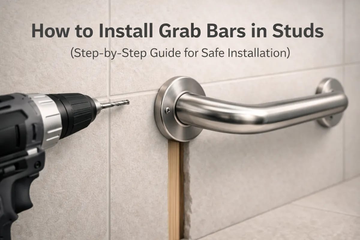 How to install grab bars in studs showing drill fastening grab bar into wall stud behind bathroom tile