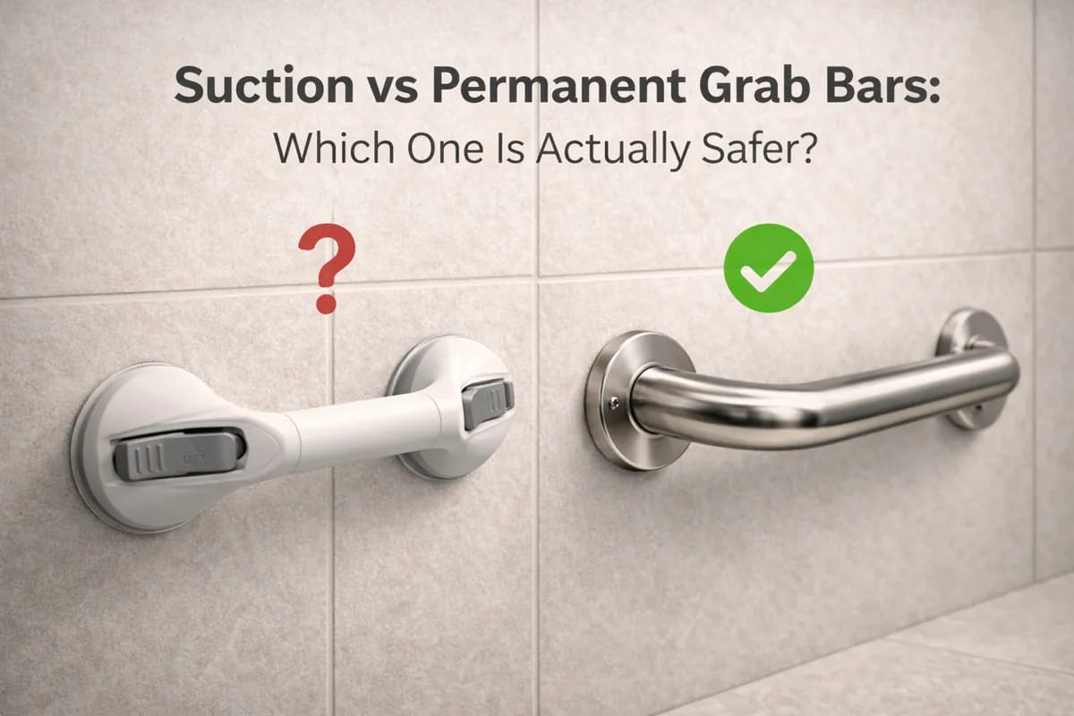 Suction vs permanent grab bars comparison showing suction cup grab bar and securely mounted grab bar on bathroom wall