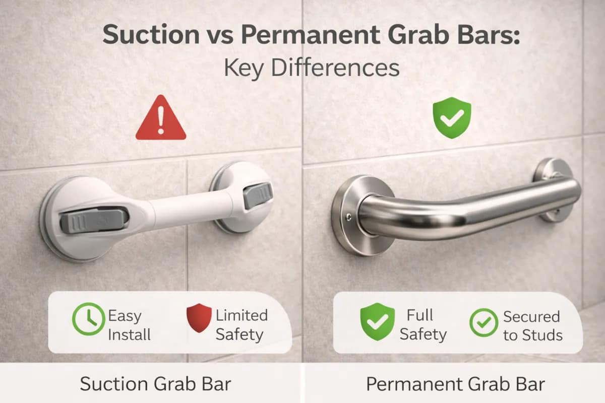 Suction vs permanent grab bars key differences showing easy install suction bar and securely mounted grab bar on bathroom wall