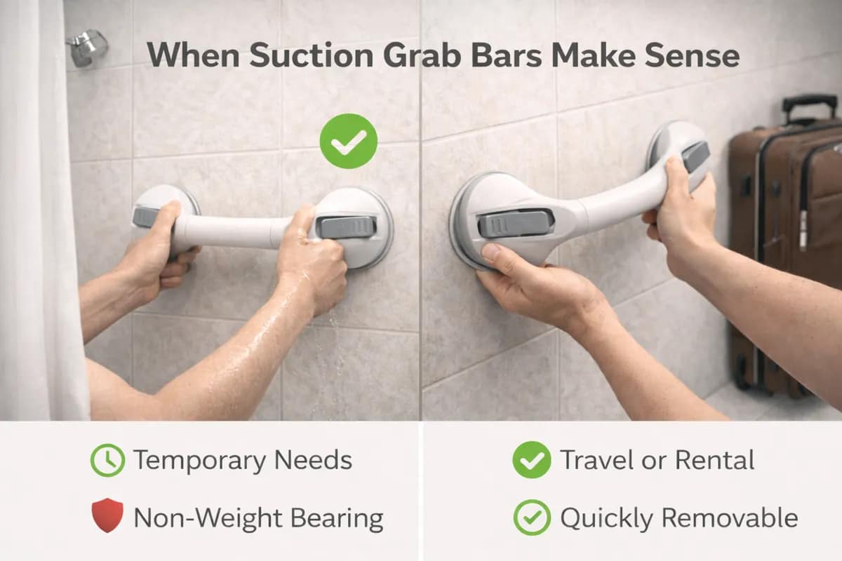 Suction grab bar installed on bathroom tile showing temporary use and removable installation for travel or rental situations