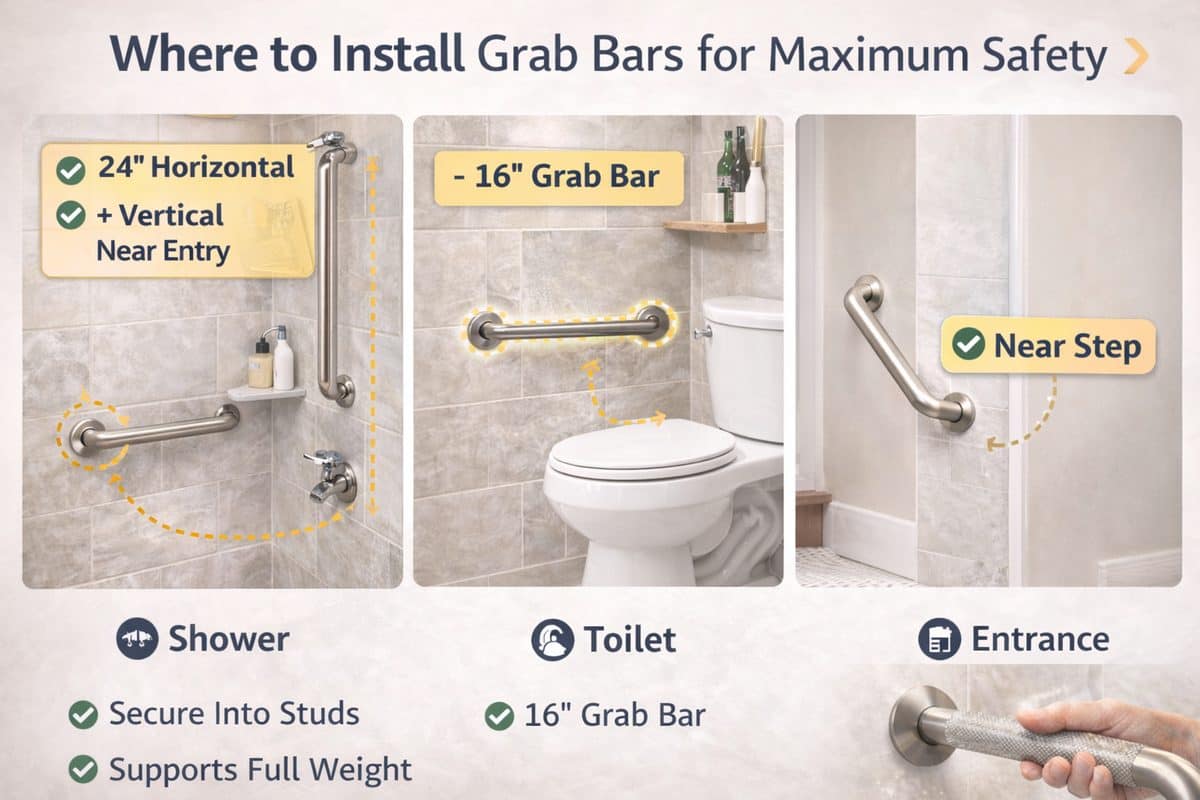 Where to install grab bars in a bathroom showing shower, toilet, and entrance placement for maximum safety and fall prevention