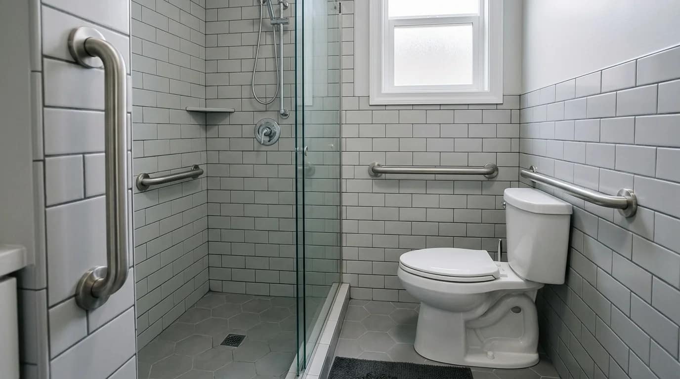 small bathroom grab bar placement showing horizontal toilet support bars and shower grab bars in compact layout