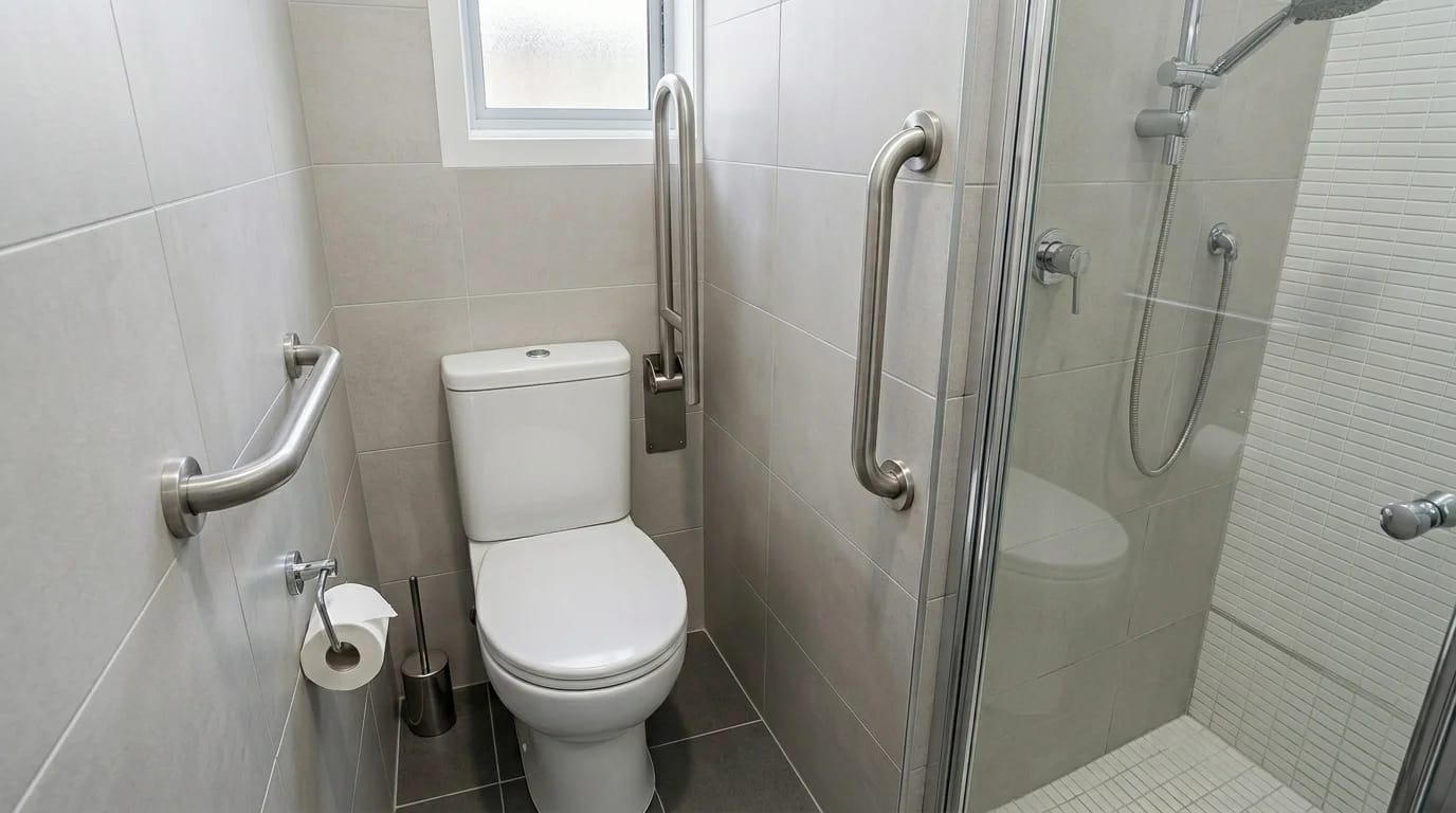 space-saving grab bar setup in small bathroom showing folding grab bar, vertical support bar, and compact horizontal bar near toilet and shower