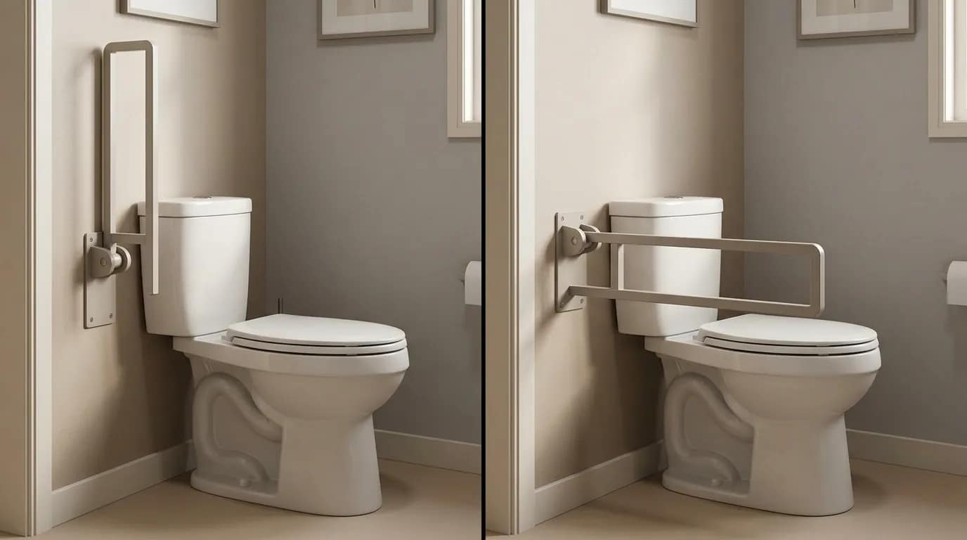 swing away grab bars for toilets showing folded up and open positions next to toilet