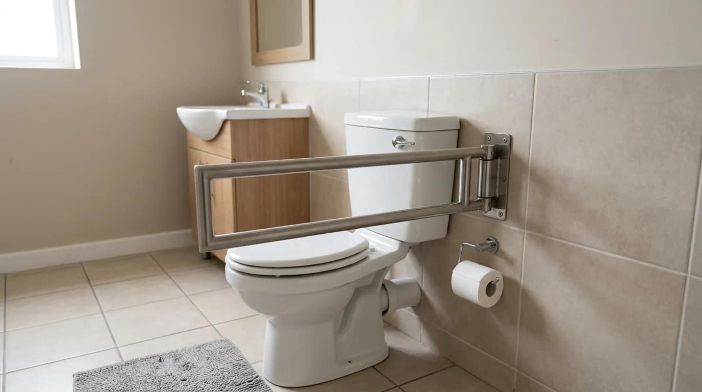 swing away grab bars for toilets installed next to toilet in open position