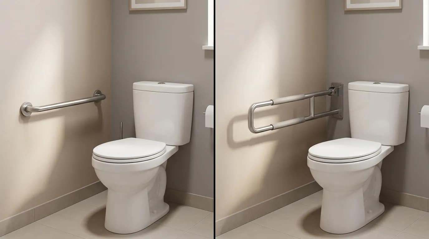 swing away grab bars for toilets vs fixed grab bar comparison next to toilet
