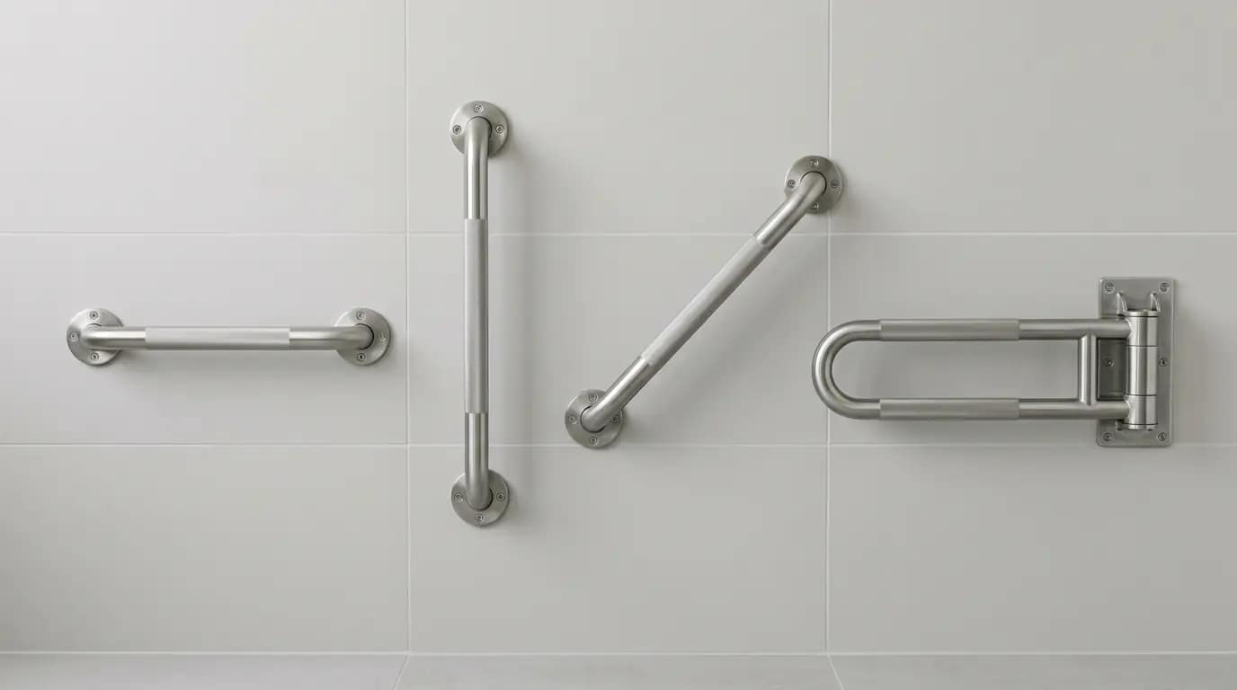 different types of grab bars including horizontal vertical angled and swing away designs