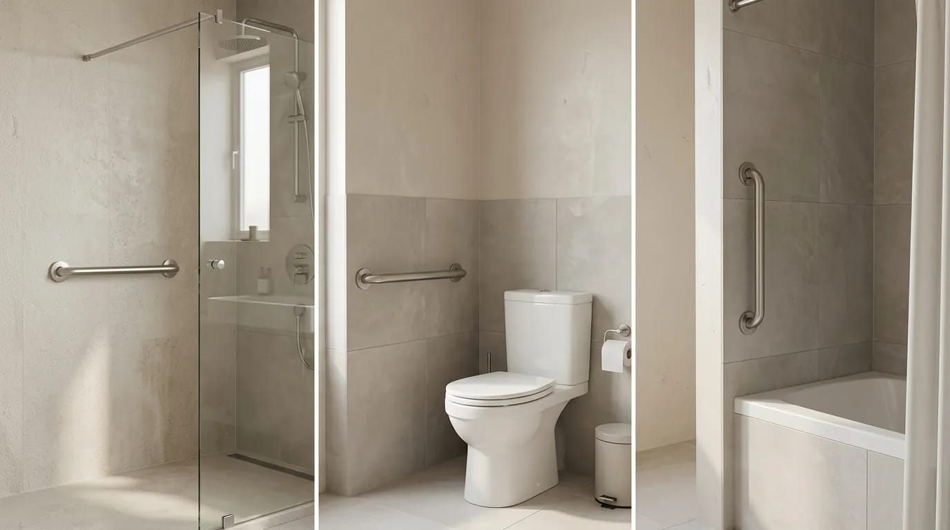 wall mounted grab bars placed in shower toilet and vertical grab bar at bathtub entry for safety