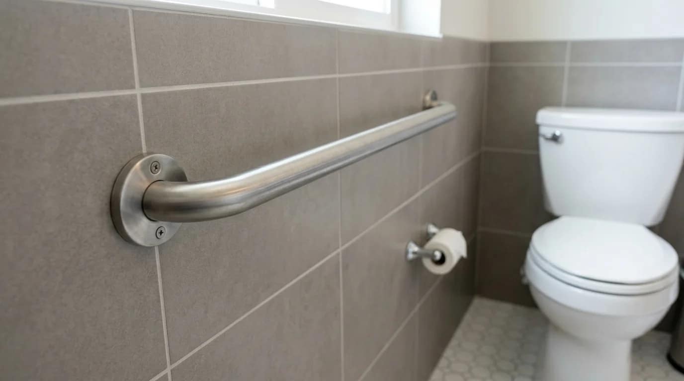 wall mounted grab bars installed on bathroom wall near toilet for support and stability
