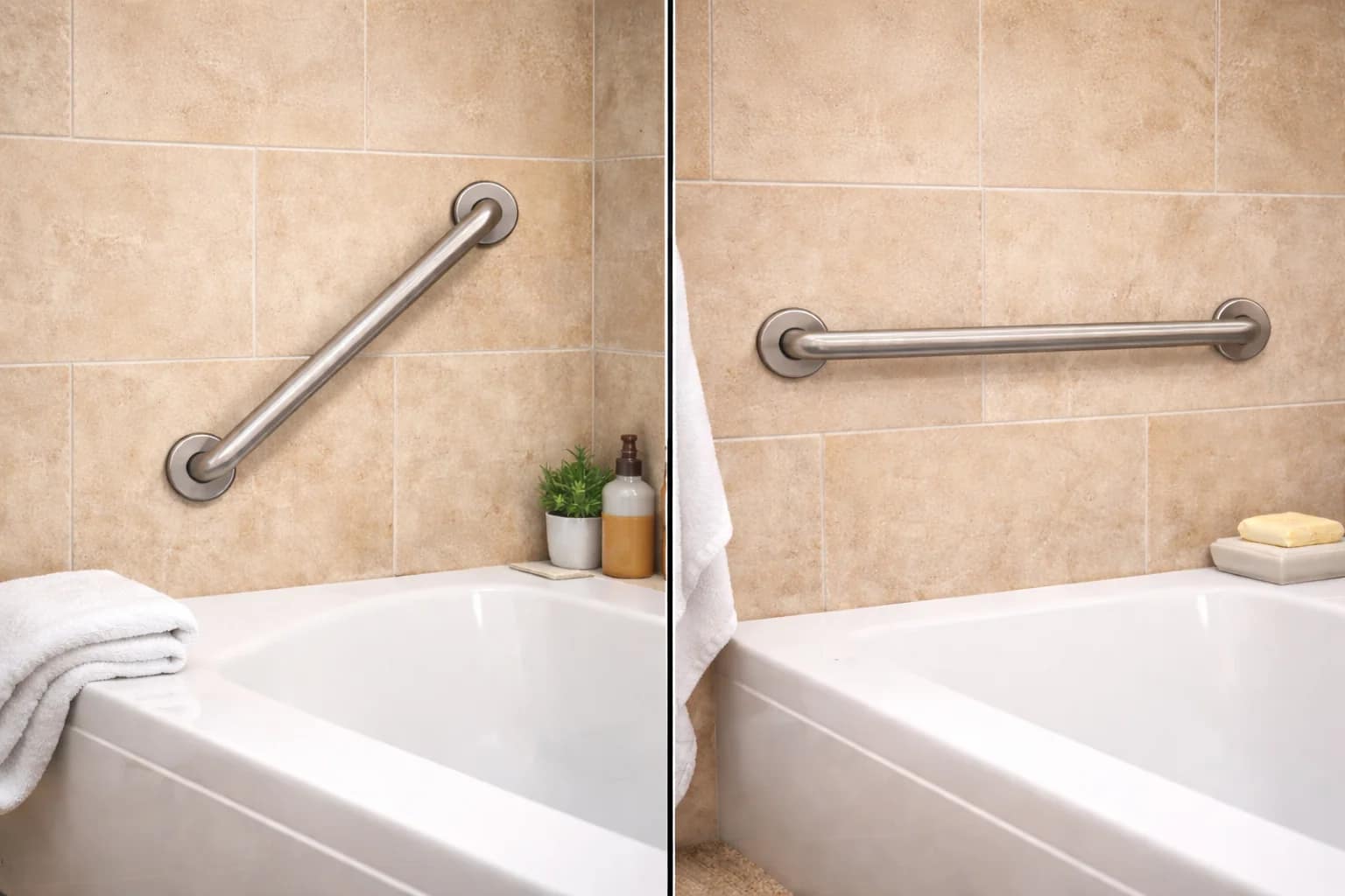 angled grab bars vs straight grab bars comparison showing angled grab bar and horizontal straight grab bar installed above a bathtub wall