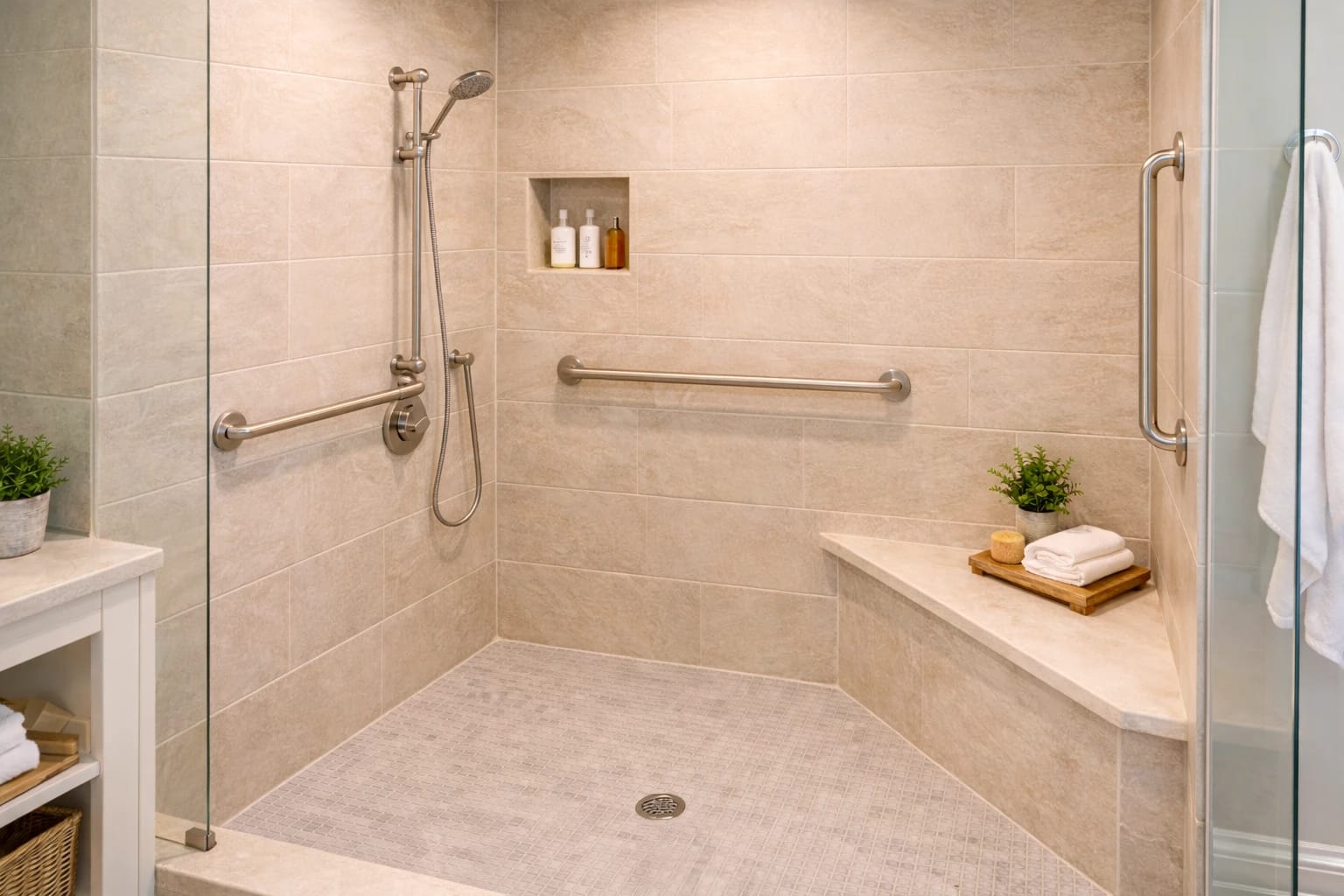Best locations for grab bars in a shower showing entry grab bar on right wall, side wall grab bar on left wall, and back wall grab bar under shower niche