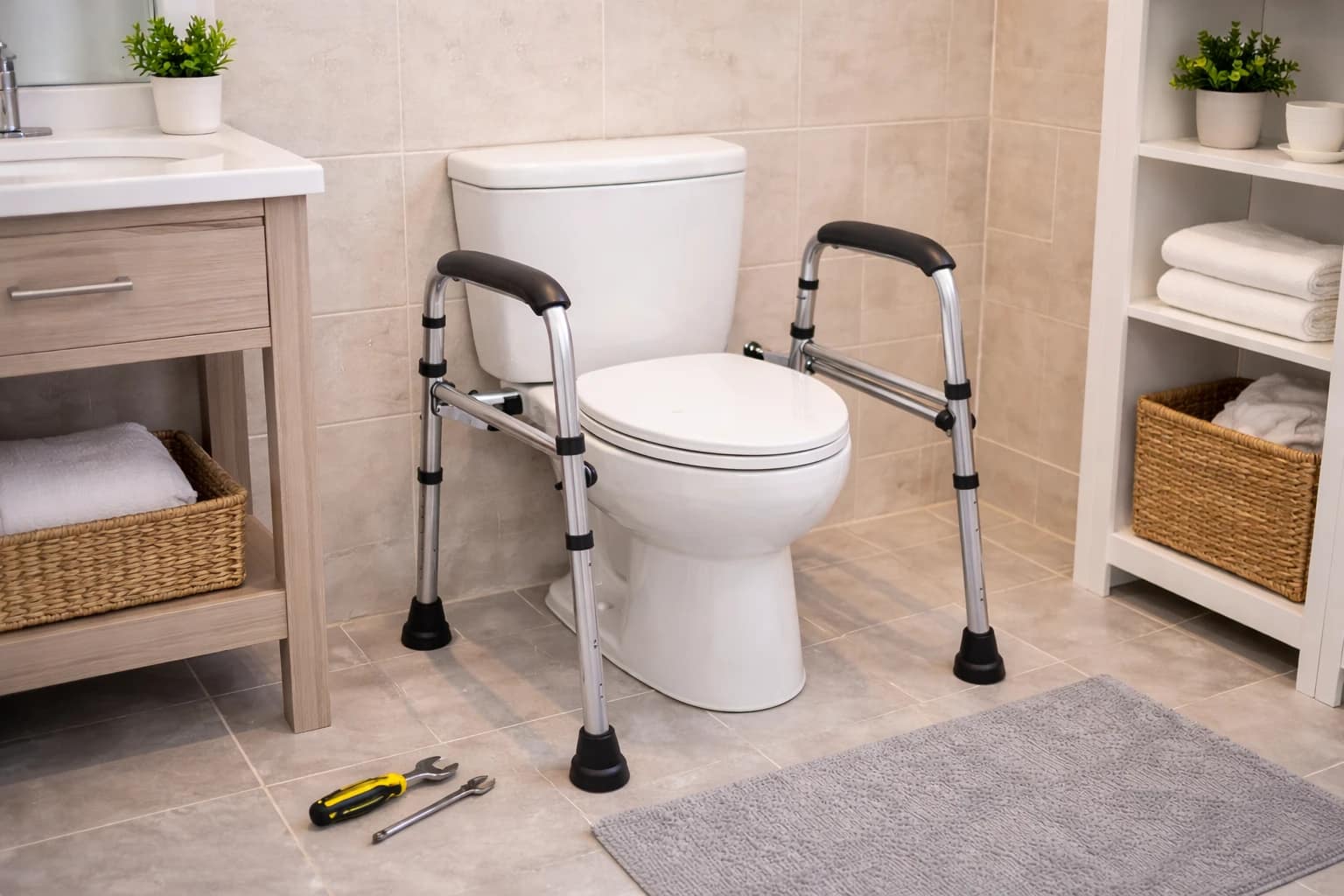 How to Install a Toilet Safety Frame shown with a newly installed safety frame around a toilet and basic tools on the bathroom floor