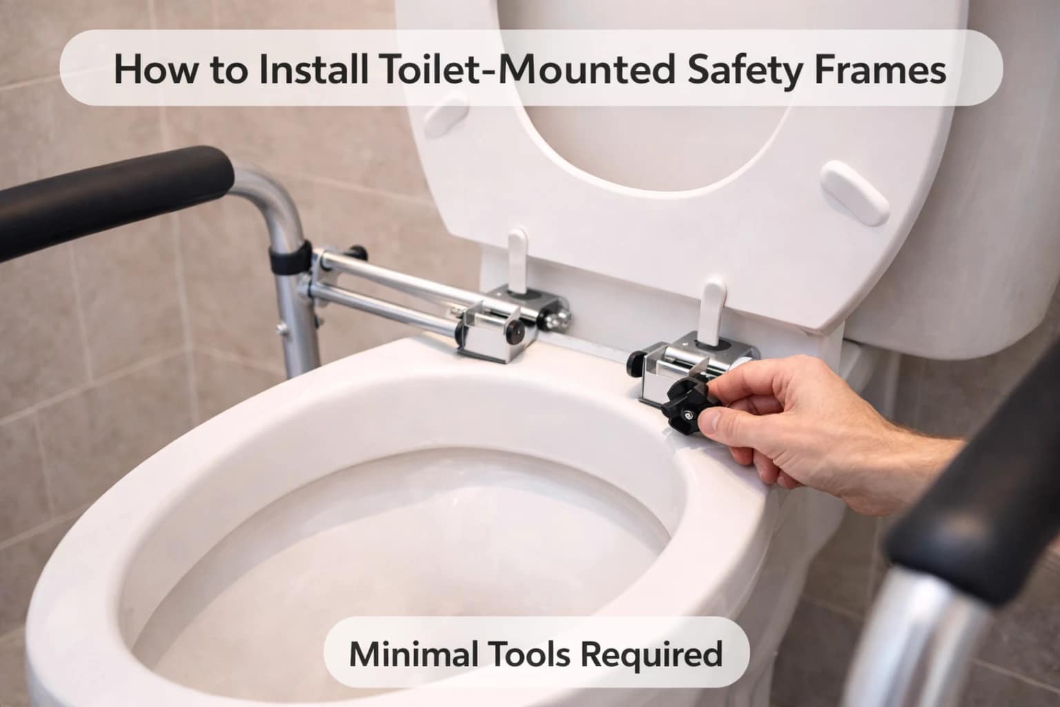 How to install toilet-mounted safety frames showing the frame bracket secured under the toilet seat bolts during installation